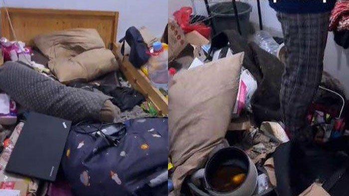 Tangkapan layar video viral kamar kos dipenuhi sampah.