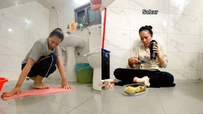 SAHUR DI TOILET - Tangkapan layar video viral TKW di Taiwan terpaksa santap sahur di toilet karena majikan melarang dirinya berpuasa. TKW itu lantas membuat siasat dengan membersihkan toilet tiap malam hari agar bisa sahur, Kamis (13/3/2025).