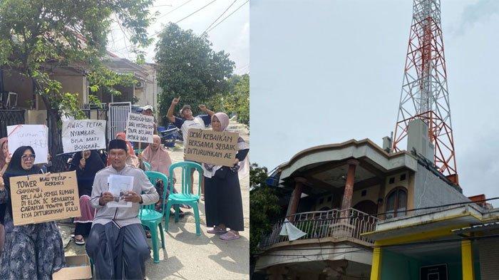 TOLAK PEMBANGUNAN TOWER - Warga Perumahan Telaga Emas, Blok K 1, RT 06/RW 13, Kelurahan Harapn Baru, Bekasi Utara, Kota Bekasi, menyampaikan protes penolakan pendirian tower di salah satu atap rumah tetangga mereka, Senin (3/2/2025). Mereka menolak uang terima kasih dari pengelola.