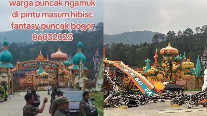 Warga di sekitar lokasi objek wisata Hibisc Fantasy Puncak Bogor, Jawa Barat, mengamuk, lantaran Satpol PP tidak segera membongkar, Akhirnya pintu masuk dirobohkan massa, Kamis (6/3/2025).