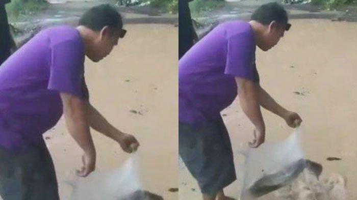 SEBAR IKAN - Tangkapan layar video warga Sukabumi sebar ikan di kubangan air jalan rusak. Aksi tersebut bentuk protes kepada gubernur dan bupati yang hanya sibuk ngonten, Sabtu (17/5/2025).