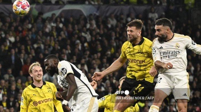 Dani Carvajal mencetak gol di final Liga Champions Borussia Dortmund vs Real Madrid, di stadion Wembley, di London, pada 1 Juni 2024.