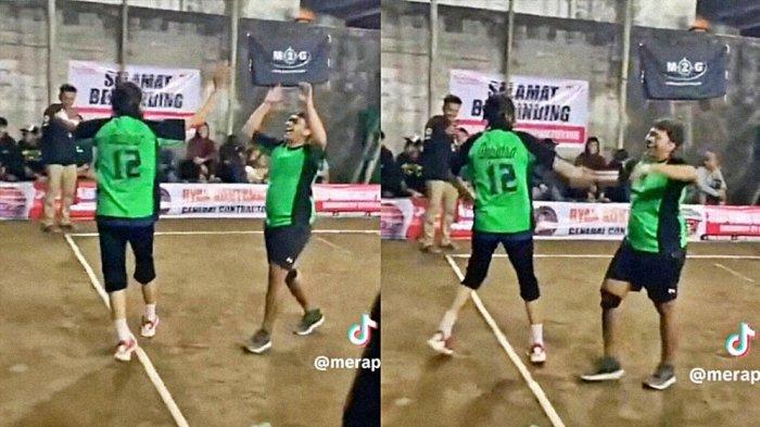 Duta Sheila On 7 dan warga Manukan, Condongcatur, Depok, Sleman, saat selebrasi lomba voli antar RT peringati HUT Kemerdekaan RI ke-78.