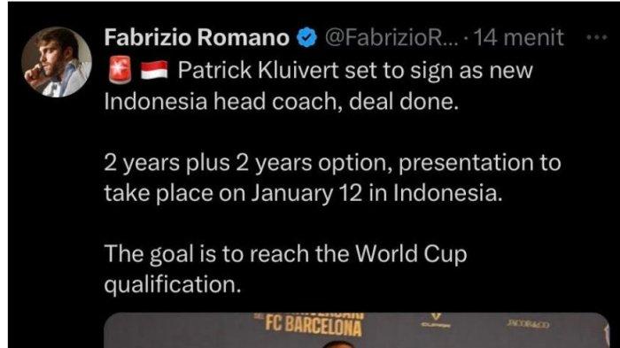 Jurnalis pakar bursa transfer sepak bola asal Italia, Fabrizio Romano menyebut pengganti Shin Tae-Yong sebagai pelatih Timnas Indonesia adalah Patrick Kluivert.