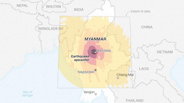 GEMPA BUMI DI MYANMAR - Info grafis gempa bumi di Myanmar, Jumat (28/3/2025) siang pukul 12:50 waktu setempat. Foto diambil dari tangkapan layar CNN, sumber dari United States Geological Survey.