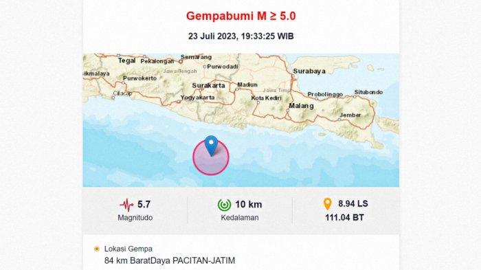 Gempa Bumi di Pacitan Jawa Timur Hari Ini 23 Juli 2023 Pukul 19:33 WIB