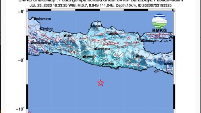 Guncangan gempabumi yang berpusat di Pacitan terasan hingga Daerah Istimewa Yogyakarta, Minggu (23/7/2023)