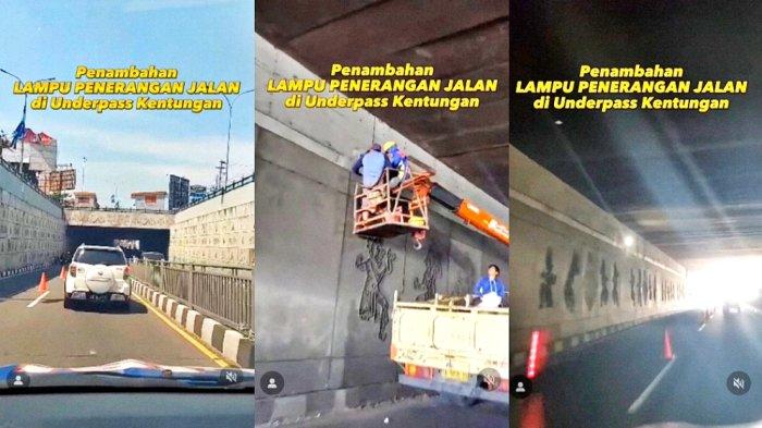 Proses pemasangan lampu jalan tambahan di Underpass Kentungan, hari ini, Sabtu (29/7/2023) siang.