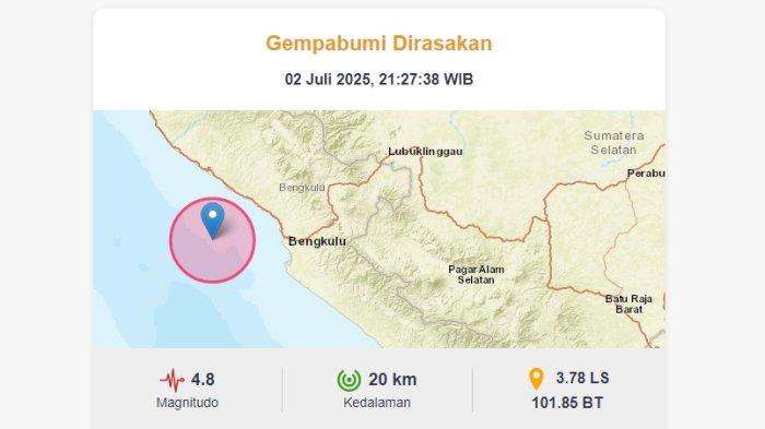 INFO Gempa 4,8 Magnitudo di Bengkulu Hari Ini Rabu 2 Juli 2025 Pukul 21:27 WIB Pusat di Laut
