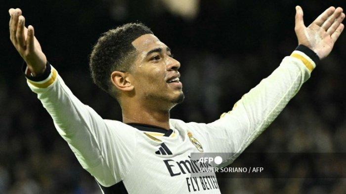 Jude Bellingham merayakan gol di Liga Champions antara Real Madrid vs Napoli di stadion Santiago Bernabeu di Madrid pada 29 November 2023.