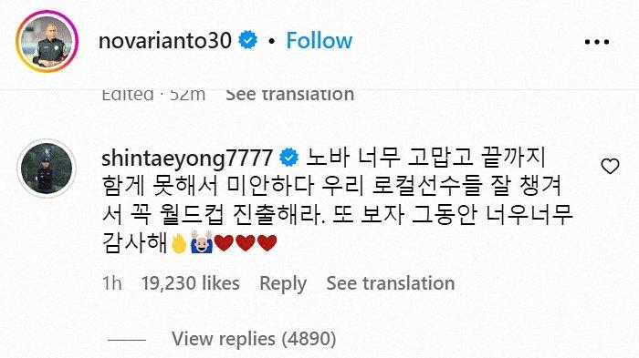 Komentar Shin Tae-yong di unggahan Instagram Nova Arianto