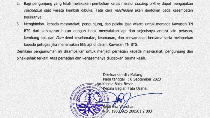 Pengumuman Penutupan Gunung Bromo per Rabu 6 September 2023