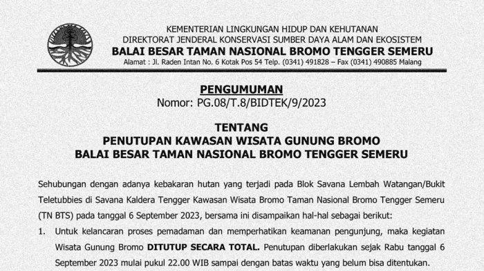 Pengumuman Penutupan Gunung Bromo per Rabu 6 September 2023