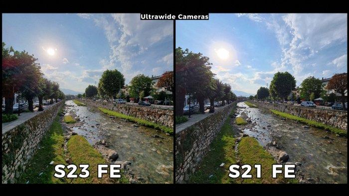 Perbandingan hasil kamera belakang HP Samsung Galaxy S23 FE vs Samsung Galaxy S21 FE dalam kondisi siang hari, kamera menghadap langsung ke matahari.