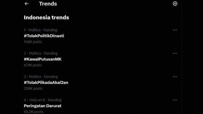 Peringatan Darurat, #KawalPutusanMK, #TolakPilkadaAkal2an, #TolakPolitikDinasti, jadi trending topic di X (Twitter) Rabu (21/8/2024)