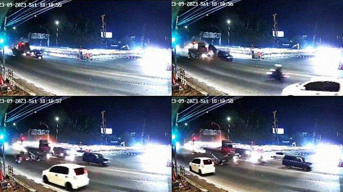 Rekaman CCTV detik-detik kecelakaan maut di Exit Tol Bawen, Semarang, Sabtu (23/9/2023). Tangkapan layar terjadinya kecelakaan tepat pukul 18:10:55 WIB sampai 18:10:58 WIB.
