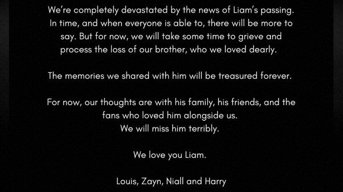 Salam perpisahan dan ucapan duka cita atas meninggalnya Liam Payne dari One Direction: Louis, Zayn, Niall, Harry.