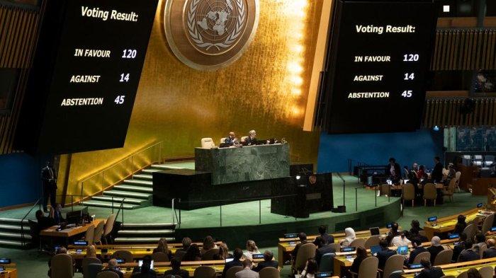 Sidang Majelis PBB, Jumat (27/10/2023) di New York, Amerika Serikat, membahas tuntutan gencatan senjata israel-Palestina.