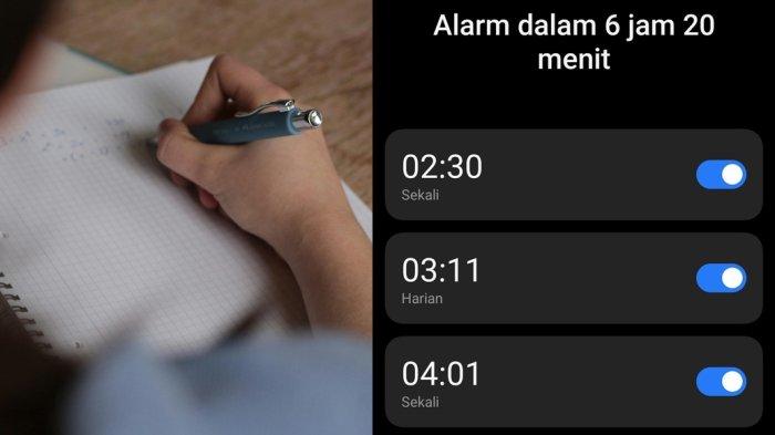 Ilustrasi foto seorang siswa belajar untuk ujian, dan foto tangkapan layar alarm Imoa (14) siswa SMP swasta DIY.