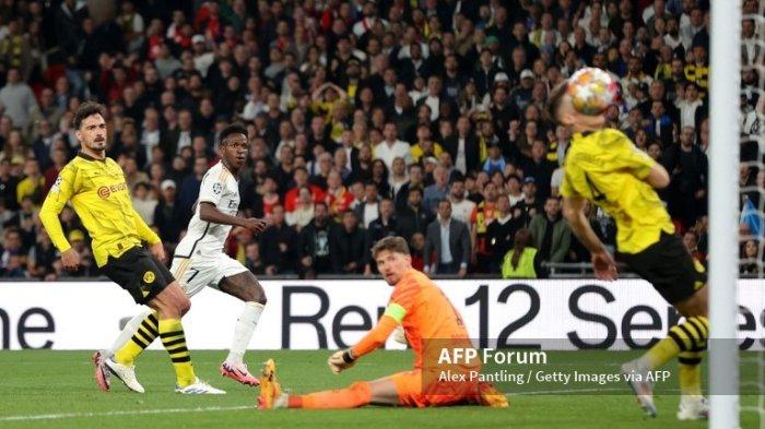 Vinicius Junior mencetak gol di Final Liga Champions Borussia Dortmund vs Real Madrid di Stadion Wembley pada 01 Juni 2024 di London, Inggris.