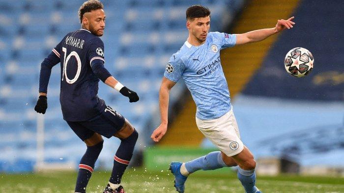Neymar vs Ruben Dias di semifinal leg kedua Liga Champions Manchester City vs PSG di Etihad Stadium di Manchester Inggris, 4 Mei 2021.