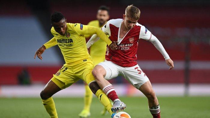 Pemain Arsenal, Smith Rowe saat tampil di semifinal leg kedua Liga Eropa di Emirates Stadium, Jumat (7/5/2021) dini hari WIB.