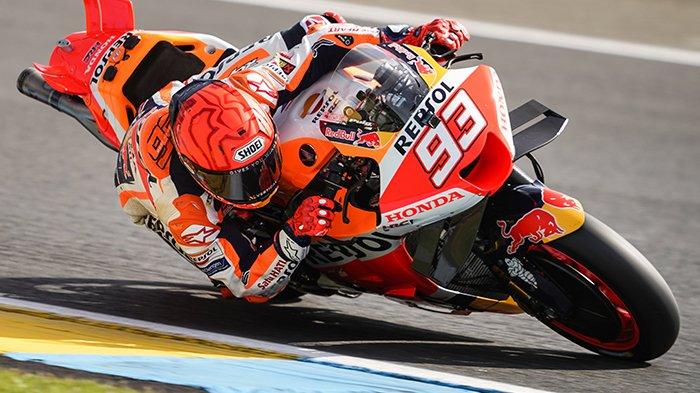 Aksi Marc Marquez saat mengaspal di Sirkuit Le Mans jelang balapan MotoGP Prancis 2023, Minggu (14/5/2023). (Twitter / @HRC_MotoGP)