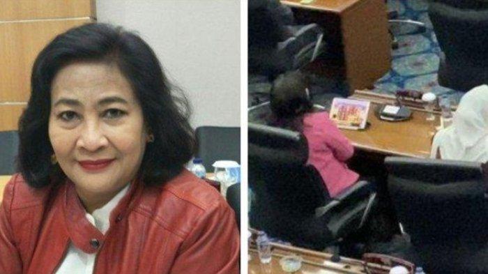 Anggota DPRD DKI Jakarta Cinta Mega ketika bermain saat sidang paripurna (Kolase TribunJakarta.com)