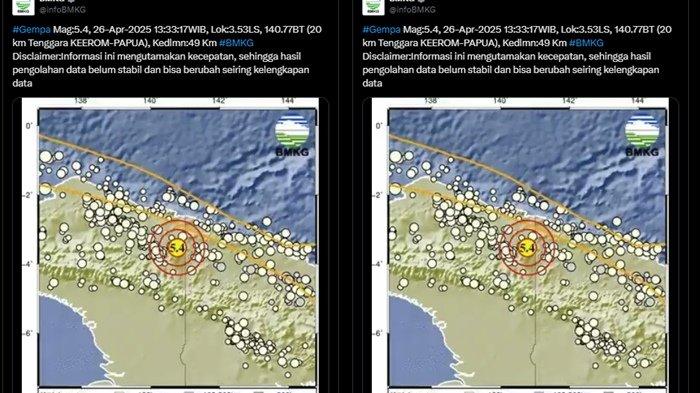 GEMPA KEEROM PAPUA - Simak kabar terbaru dari Badan Meteorologi Klimatologi dan Geofisika atau BMKG yang merilis info gempa terkini di Keerom, Provinsi Papua hari ini pada Sabtu 26 April 2025. Dalam rilis terbarunya, BMKG sebut gempa terkini yang guncang tenggara Keerom, Papua miliki magnitudo 5.4.