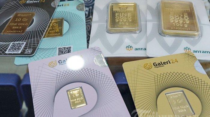 HARGA EMAS ANTAM - Berbagai emas PT Aneka Tambang Tbk. (Antam) di salah satu gallery penjualan emas di Jakarta, Senin (27/5/2024). Intip update harga emas hari ini pada Sabtu 19 April 2025, khususnya emas batangan produksi PT Antam.