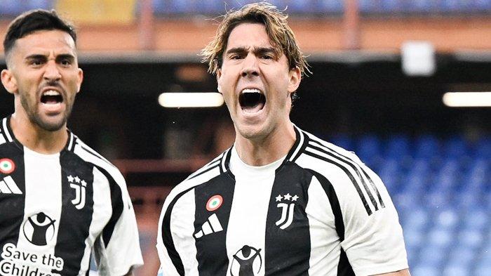 Selebrasi Penyerang Juventus, Dusan Vlahovic ketika mencetak gol ke gawang Genoa, pada pertandingan giornata 6 Liga Italia Serie A, di Stadion Luigi Ferraris, Sabtu (28/9/2024).