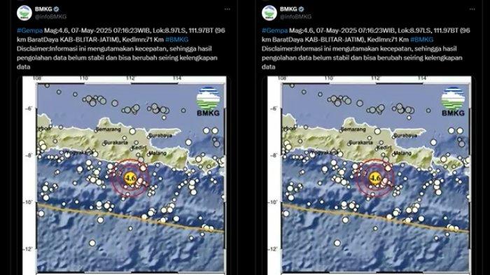 GEMPA BLITAR JATIM - Intip kabar terbaru dari Badan Meteorologi Klimatologi dan Geofisika atau BMKG yang merilis info gempa terkini di Blitar, Provinsi Jawa Timur pada Rabu 7 Mei 2025. Info BMKG, gempa terkini di barat daya Blitar, Jawa Timur miliki magnitudo 4.6.