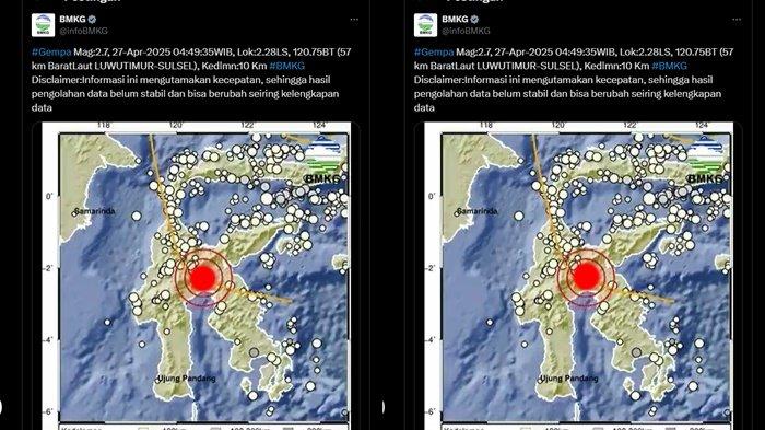 GEMPA LUWU TIMUR - Info BMKG terbaru, sebut pusat gempa terkini 2 menit yang lalu berada 57 km di barat laut Luwu Timur, Sulawesi Selatan. Cek magnitudo dan kedalamannya