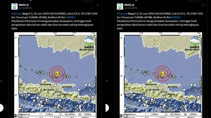 GEMPA TUBAN JATIM - Simak kabar terbaru dari Badan Meteorologi Klimatologi dan Geofisika atau BMKG yang merilis info gempa terkini di Tuban, Provinsi Jawa Timur pada Selasa 10 Juni 2025. Info BMKG, gempa terkini di timur laut Tuban, Jawa Timur miliki magnitudo 4.3.