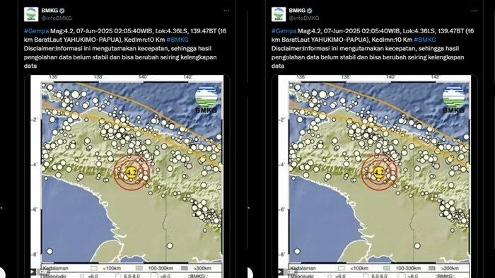 GEMPA YAHUKIMO PAPUA - Dalam rilis BMKG, disebutkan gempa terkini yang guncang barat laut Yahukimo, Papua miliki magnitudo 4.2. Cek pusat gempa terkini dan kedalaman gempa.