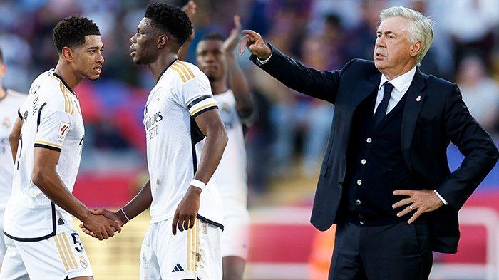 Gelandang Real Madrid Jude Bellingham dan Aurellien Tchouameni, serta pelatih Carlo Ancelotti. (Kolase TribunKaltara.com / Instagram / @realmadrid)