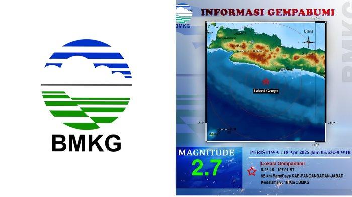 GEMPA KABUPATEN PANGANDARAN - Tangkapan layar Badan Metereologi Klimatologi dan Geofisika, Jumat (18/4/2025). Informasi gempa hari ini dengan magnitudo 2.7 guncang Kabupaten Pangandaran, Jawa Barat di kedalaman 16 km.