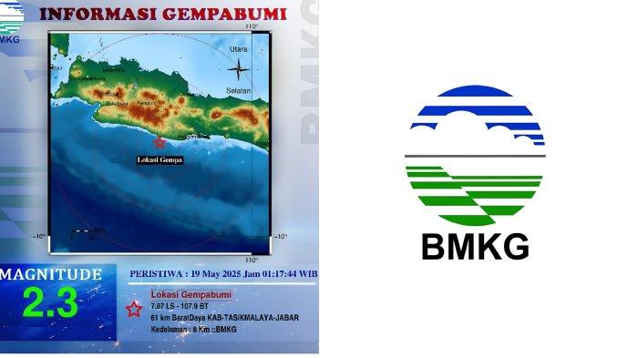 GEMPA KABUPATEN TASIKMALAYA - Tangkapan layar Badan Metereologi Klimatologi dan Geofisika Wilayah 2, Senin (19/5/2025). Informasi gempa hari ini dengan magnitudo 2.3 guncang Kabupaten Tasikmalaya Jawa Barat kedalaman 8 km.
