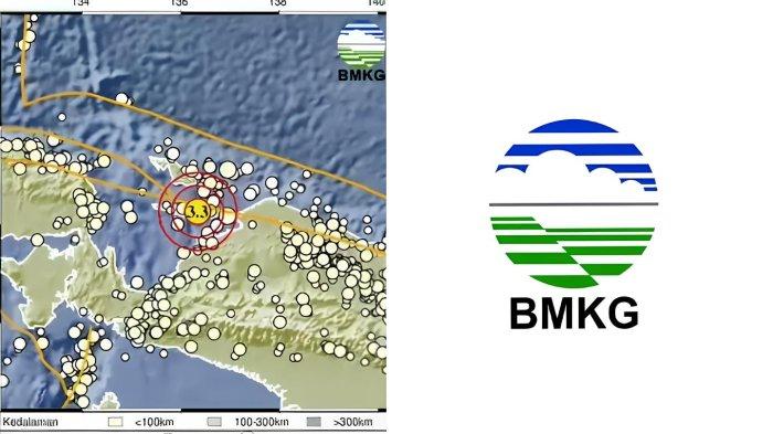 GEMPA KEPULAUAN YAPEN - Tangkapan layar Badan Metereologi Klimatologi dan Geofisika, Kamis (8/5/2025). Informasi gempa hari ini dengan kekuatan magnitudo 3.3 hantam Kepulauan Yapen Papua di kedalaman 10 km.