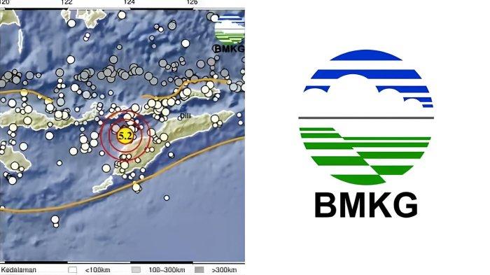 GEMPA LEMBATA NTT - Tangkapan layar Badan Metereologi Klimatologi dan Geofisika, Senin (14/4/2025). Informasi gempa hari ini dengan magnitudo 5.2 guncang Lembata NTT di kedalaman 49 km.
