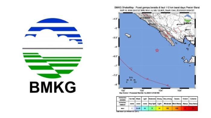 GEMPA PESISIR BARAT - Tangkapan layar Badan Metereologi Klimatologi dan Geofisika, Rabu (12/3/2025). Informasi gempa hari ini dengan magnitudo 4.1 guncang wilayah Pesisir Barat Lampung di kedalaman 10 km.