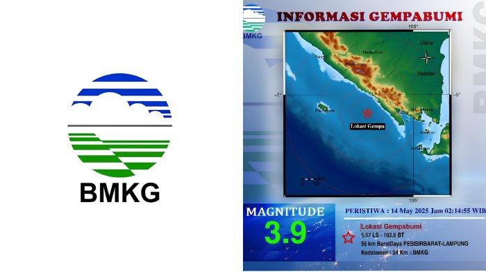 GEMPA PESISIR BARAT - Tangkapan layar Badan Metereologi Klimatologi dan Geofisika Wilayah 2, Rabu (14/5/2025). Informasi gempa hari ini dengan magnitudo 3.9 guncang Pesisir Barat Lampung di kedalaman 24 km.