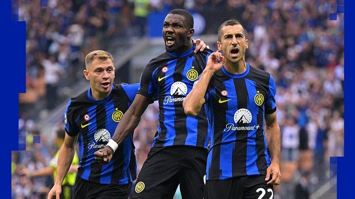 Selebrasi Henrikh Mkhitaryan dan Marcus Thuram ketika mencetak gol pada laga Derby della Madonnina antara Inter Milan vs AC Milan, giornata 4 Liga Italia Serie A, di Stadion Giuseppe Meazza, Minggu (17/9/2023).