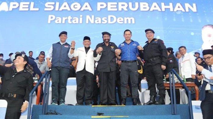 Ketum Demokrat AHY, Presiden PKS Ahmad Syaikhu, Ketum Nasdem Surya Paloh dan Bacapres Koalisi Perubahan Anies Baswedan saat foto bersama di Apel Siaga Perubahan Nasdem (instagram/@agusyudhoyono)