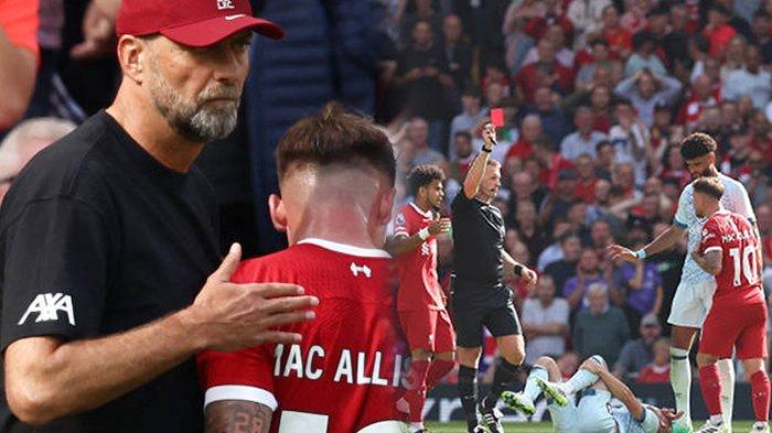 Juergen Klopp tak dapat menyembunyikan kekesalannya saat Alexis Mac Allister dikartu merah dalam laga Premier League Liverpool vs Bournemouth (Twitter @LFCPhoto)