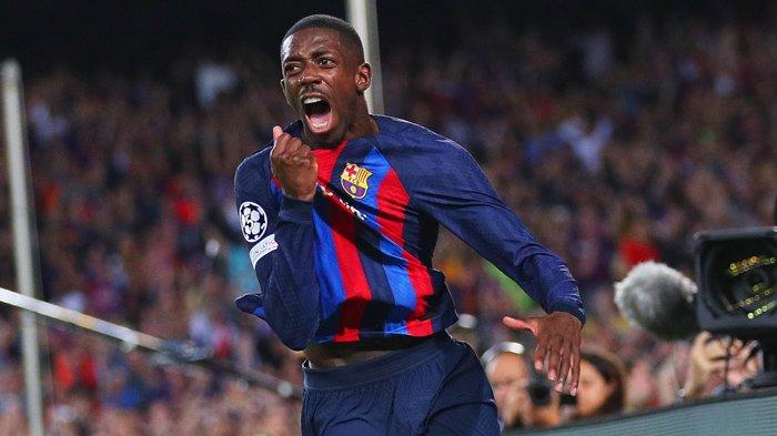 Selebrasi Ousmane Dembele pada pertandingan Liga Champions antara Barcelona vs Inter Milan di Stadion Camp Nou, Kamis (13/10/2022). (Twitter / @championsleague)