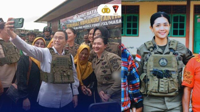 POLWAN JAGA MENTERI. Menteri Keuangan Sri Mulyani berswafoto dengan sembilan polwan saat kunjungi Nduga, Papua Pegunungan, dan foto Brigadir Ita Sombo Allo (kanan) polwan asal Polda Kaltim yang ikut terlibat amankan kunjungan dua Menteri Prabowo itu. Di antara sembilan polwan yang ikut jaga kunjungan kerja dua Menteri anak buah Prabowo Subianto ke Kabupaten Nduga, Papua Pegunungan itu, ternyata terdapat personel Polda Kaltim.