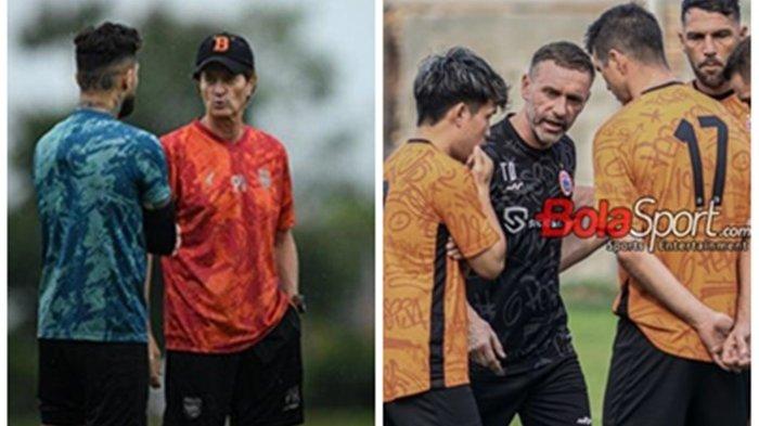 Pemain Borneo FC saat menjalani Training Center (TC) di Yogyakarta yang dipimpin langsung Pelatih Pesut Etam, Pieter Huistra baru-baru ini (kiri). Tampak pula Thomas Doll saat memimpin latihan Persija Jakarta.