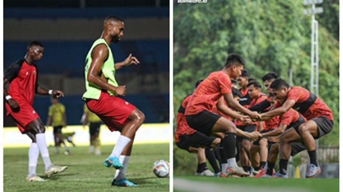 Pemain PSM Makassar (kiri) dan Borneo FC (kanan) saat menjalani latihan jelang duel, pada Jumat (29/3/2024), pukul 21.30 Wita, di Stadion Batakan Balikpapan.
