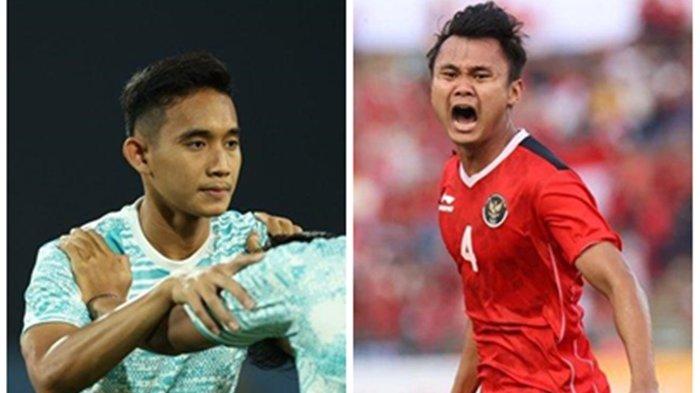 Pemain belakang andalan Timnas Indonesia U-23, Rizky Ridho (kiri) yang dipastikan absen saat Garuda Muda menghadapi Irak, dan Komang Teguh yang diprediksi menggantikan posisi Rizky Ridho.